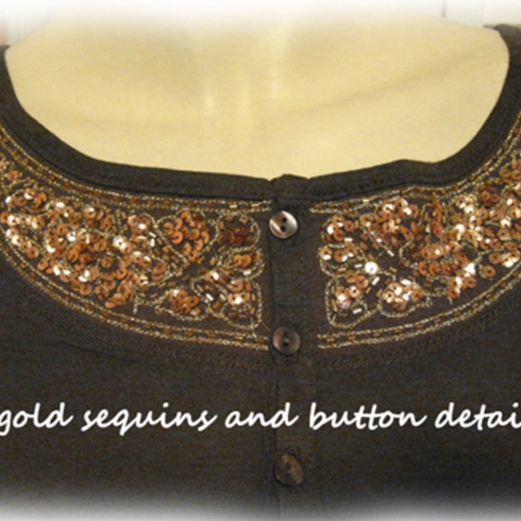 Y2K Vintage New Brown Long Sleeve Henley Top Gold Sequin Fairy Grunge Streetwear - Picture 5 of 7